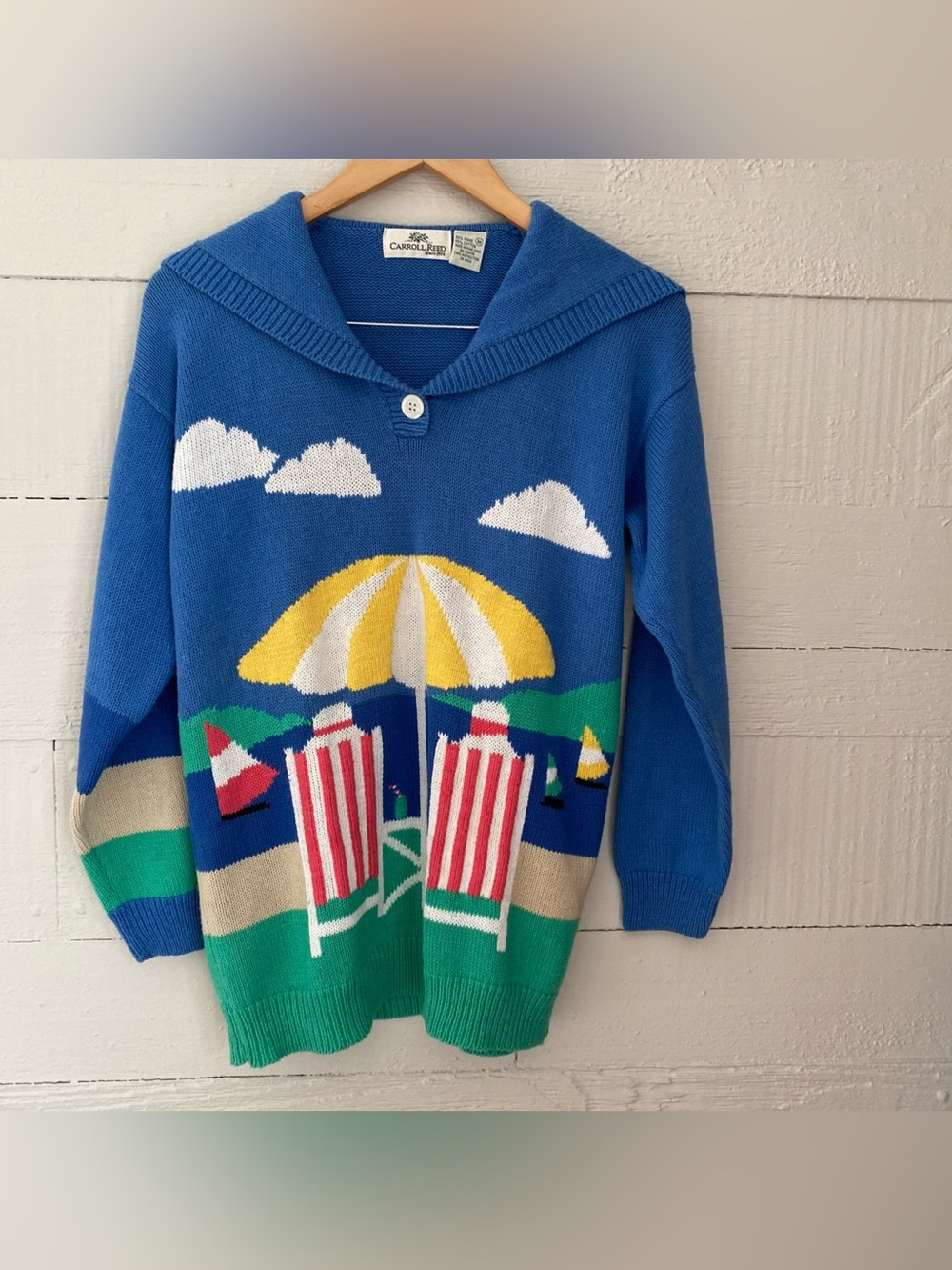 Vtg Carroll Reed Summer Beach Scene Sweater Sailor Style Size M Coastal Grandma
